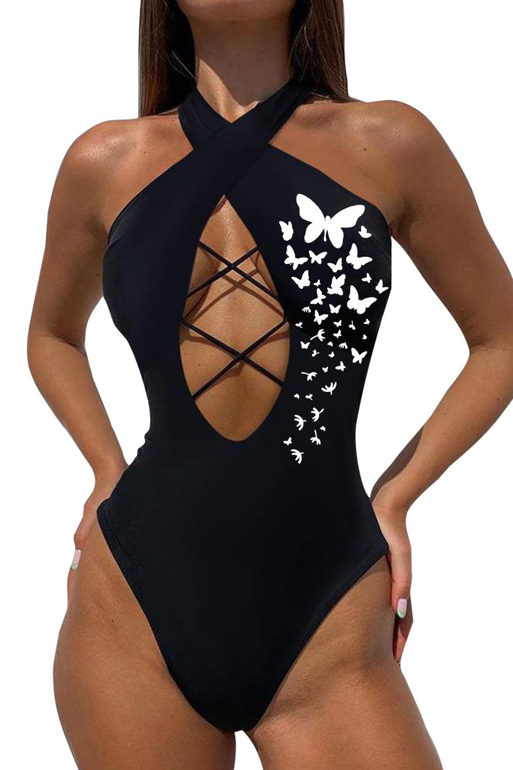 Cut-out Criss Cross Halter Neck One-piece Swimsuit - L & M Kee, LLC