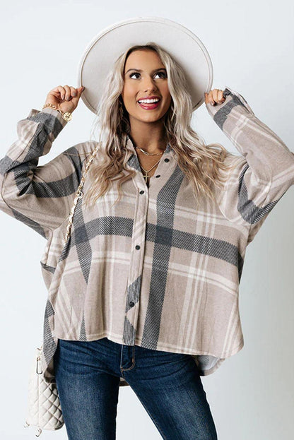 Khaki High Low Brushed Plaid Oversize Shacket - L & M Kee, LLC