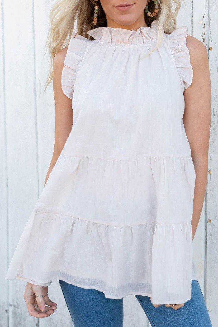 Frilled Collar Sleeveless Knotted Tiered Flowy Tank - L & M Kee, LLC
