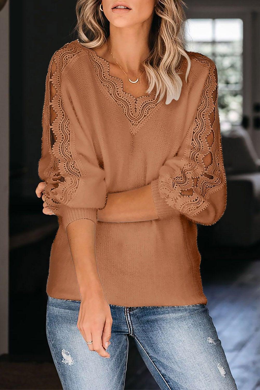 Lace Splicing V Neck Pullover Sweater - L & M Kee, LLC