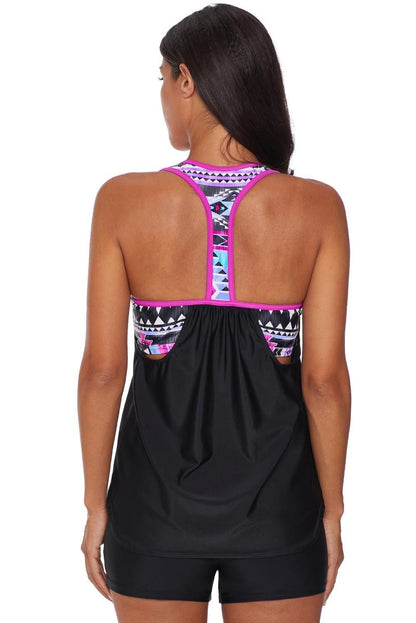 Blouson Striped Printed Strappy T-Back Push up Tankini Top - L & M Kee, LLC