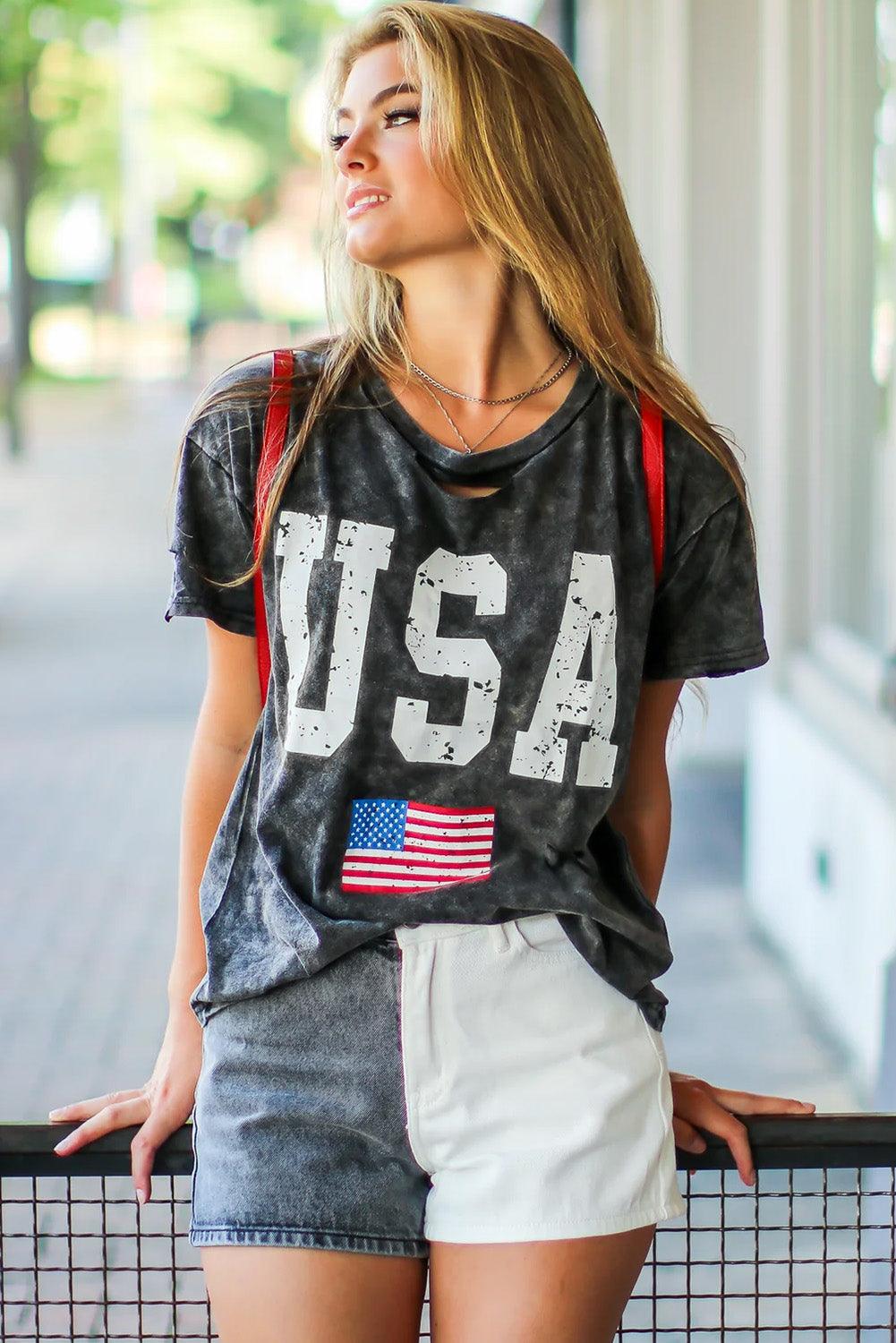 Distressed Tie-dye USA Flag Print T-shirt - L & M Kee, LLC