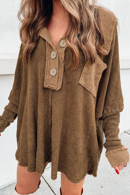 Waffle Knit Buttoned Long Sleeve Top - L & M Kee, LLC