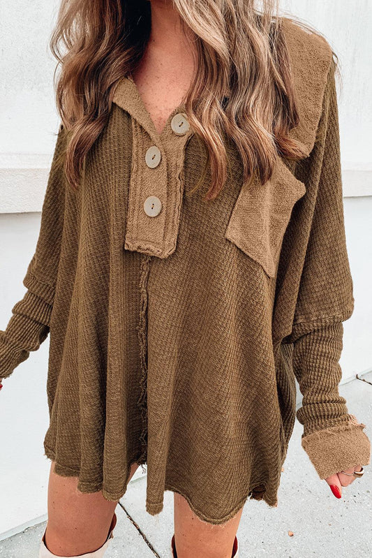 Brown Waffle Knit Buttoned Long Sleeve Top - L & M Kee, LLC