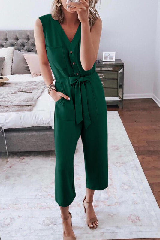 Green Buttoned Sleeveless Cropped Jumpsuit with Sash - L & M Kee, LLC