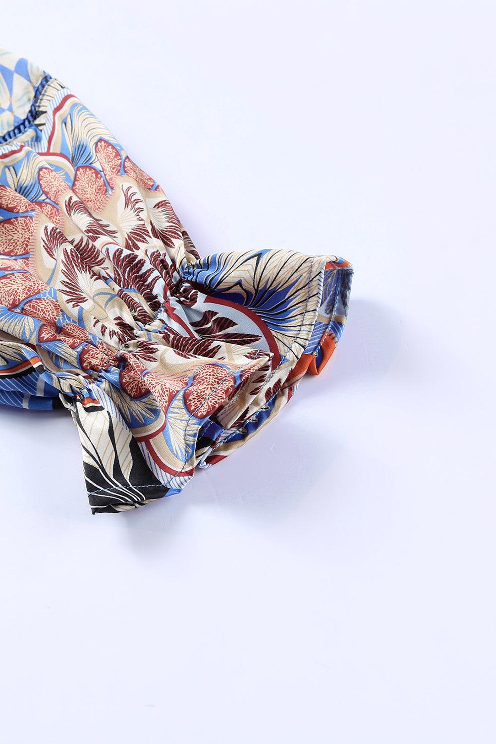 Mixed Floral Geometric Print Ruffled Long Sleeve Blouse - L & M Kee, LLC