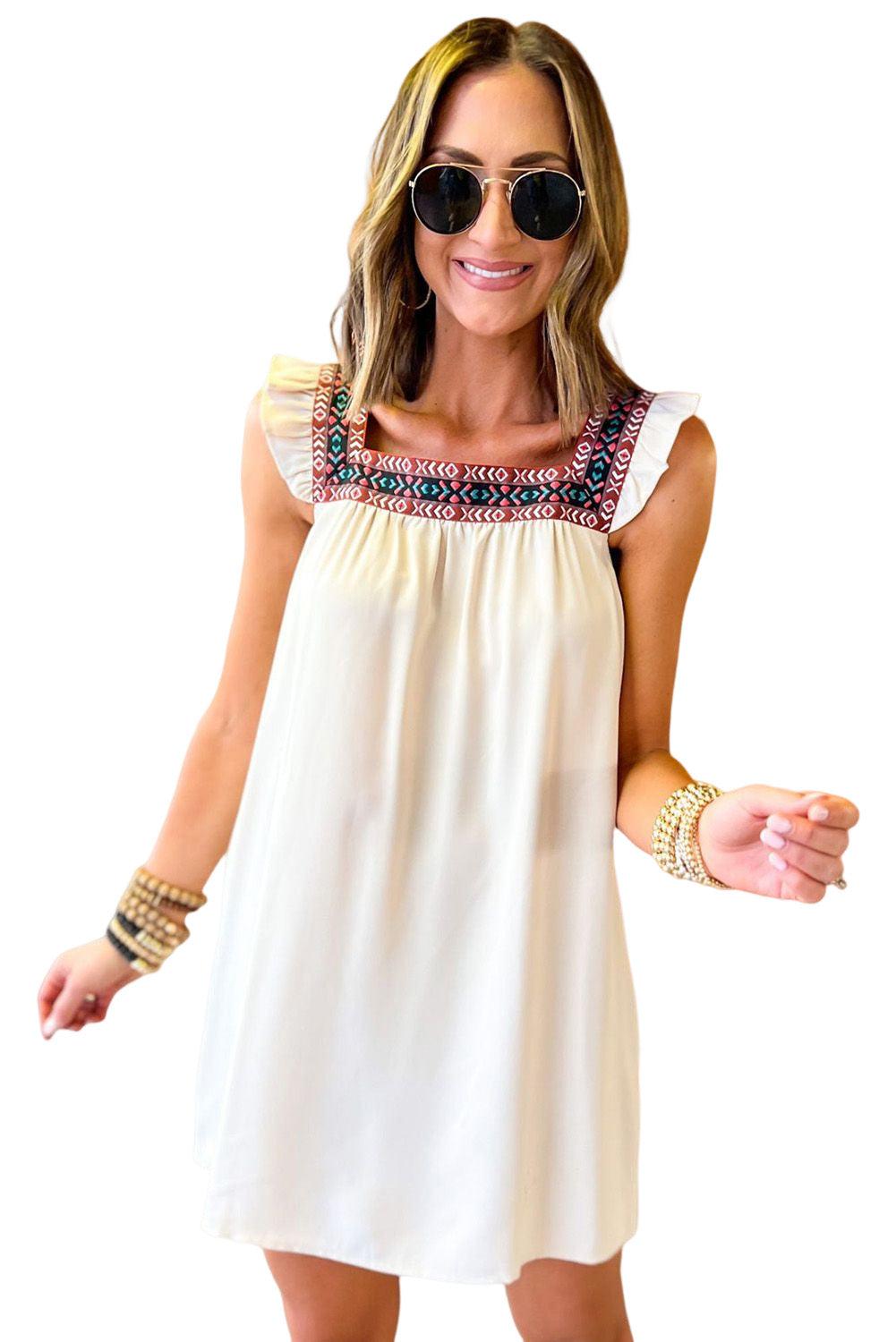 Beige Frill Embroidered Square Neck Shift Dress - L & M Kee, LLC