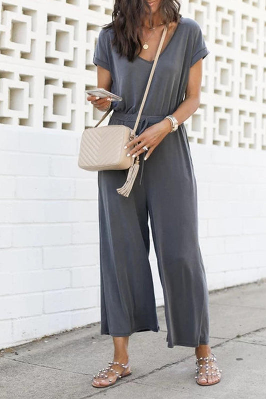 Drawstring Waist Short Sleeve Wide Leg Jumpsuit - L & M Kee, LLC