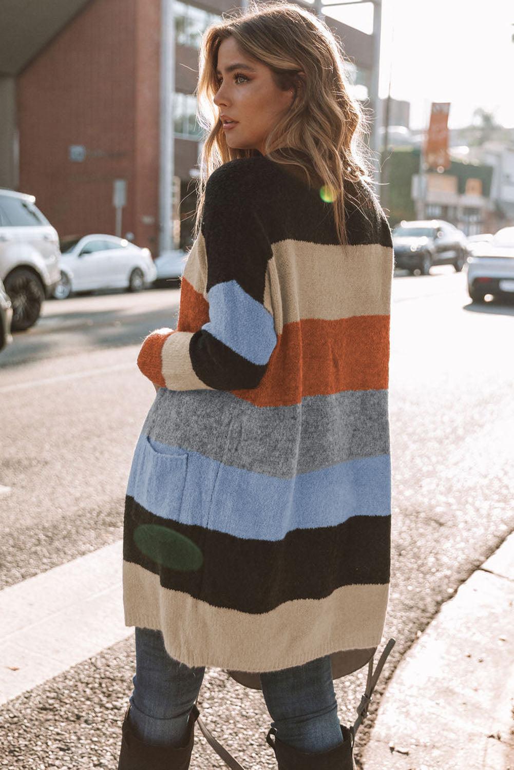 Multicolor Colorblock Pocketed Open Front Cardigan - L & M Kee, LLC