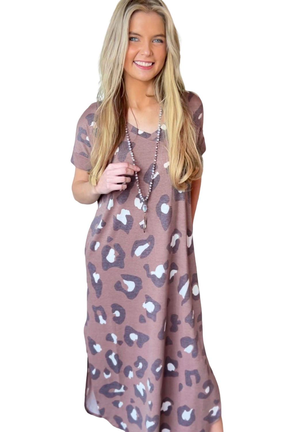 Print V Neck Long T-shirt Dress - L & M Kee, LLC