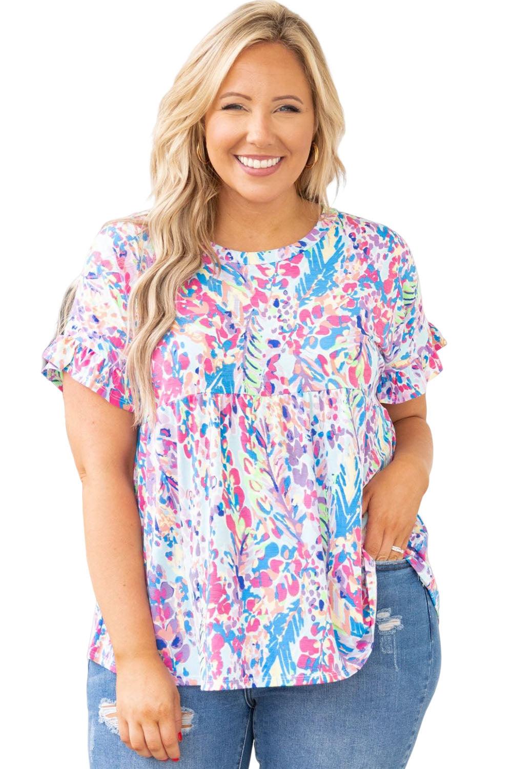 Vibrant Botanical Print Frill Short Sleeve Plus Size Top - L & M Kee, LLC