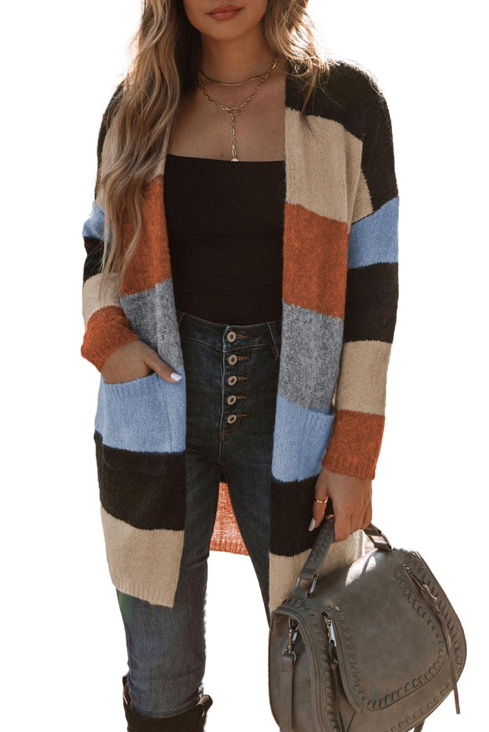 Multicolor Colorblock Pocketed Open Front Cardigan - L & M Kee, LLC
