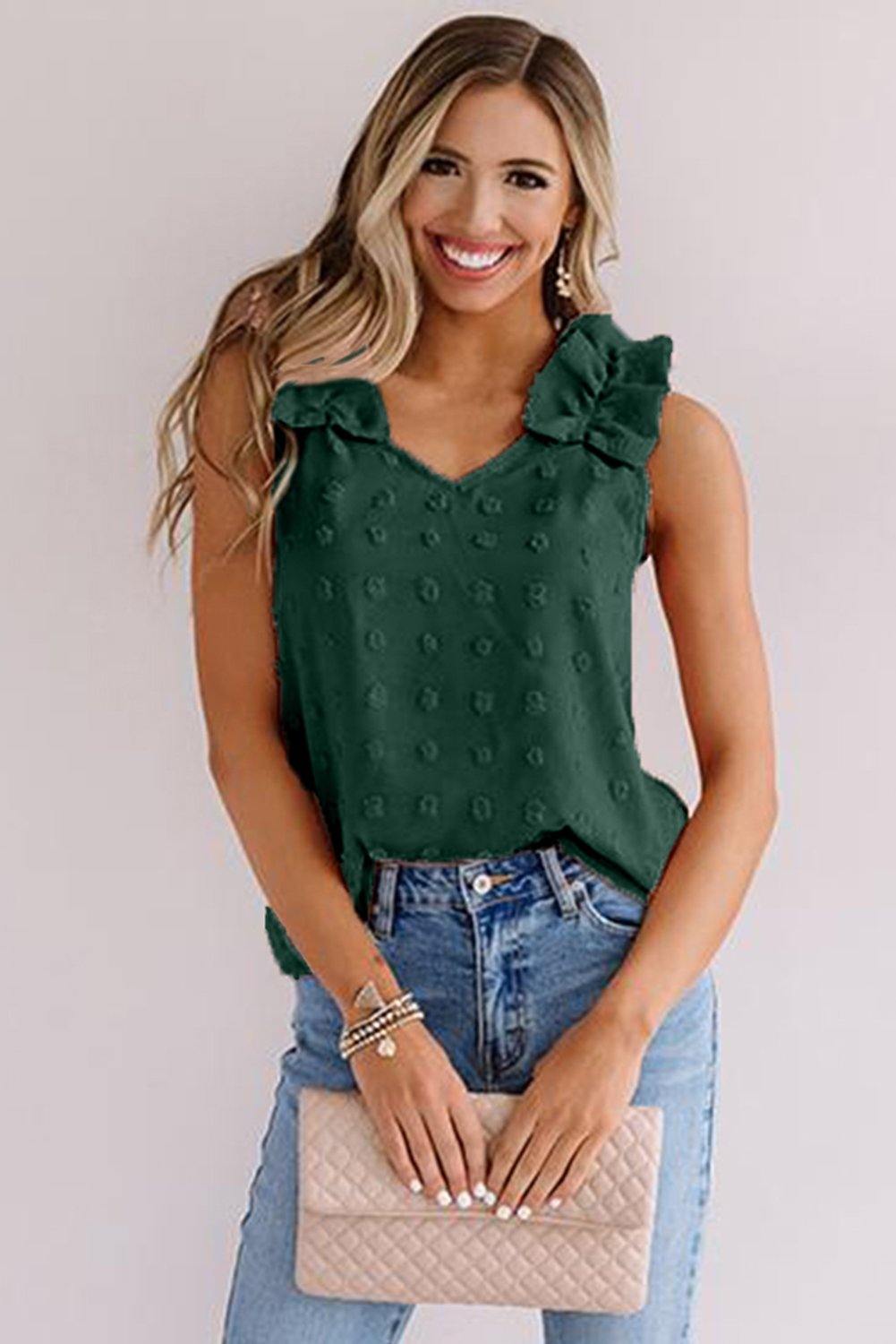 Swiss Dot Woven Sleeveless Top With Ruffled Straps - L & M Kee, LLC
