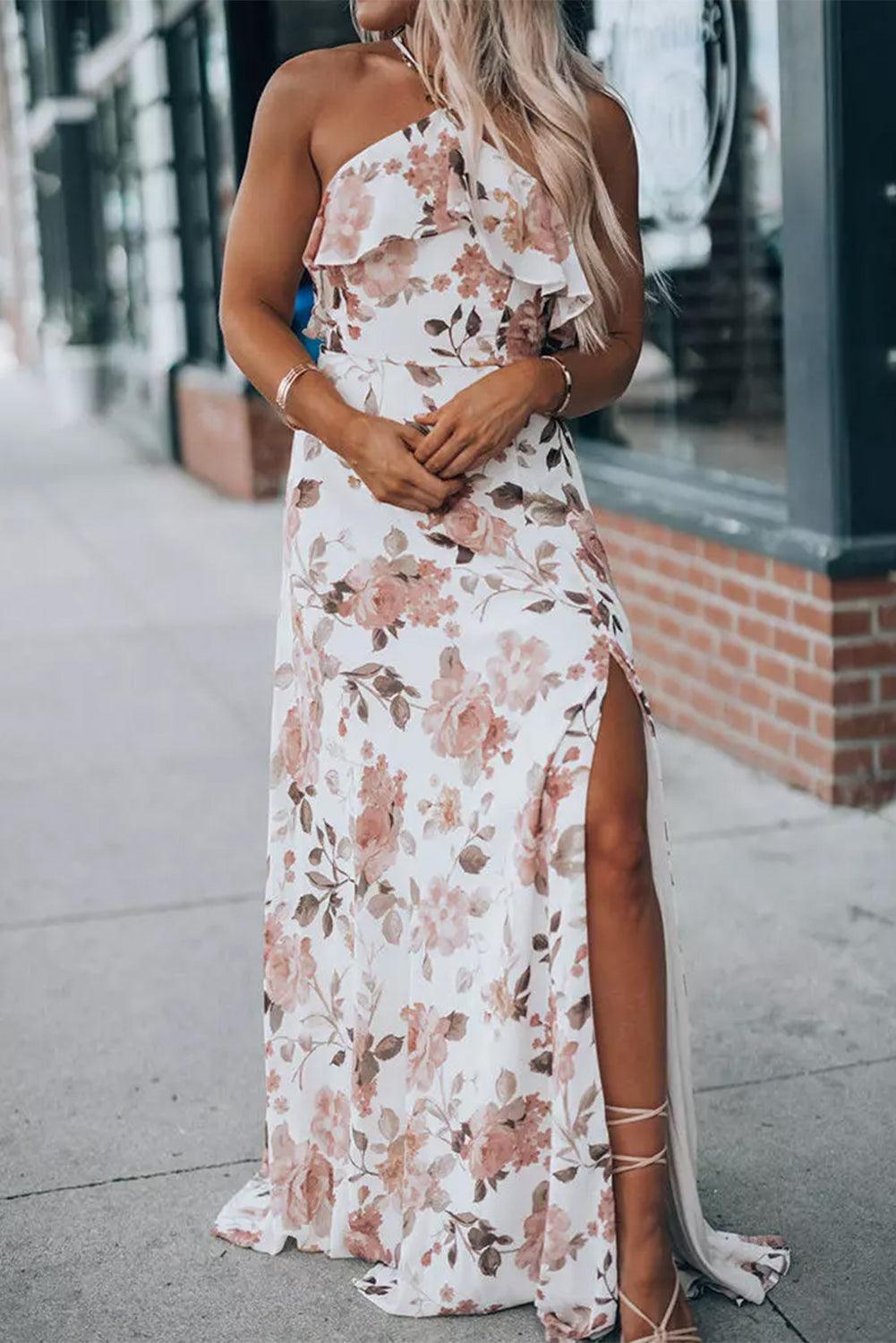 Floral Slit Ruffled Halterneck Maxi Dress - L & M Kee, LLC