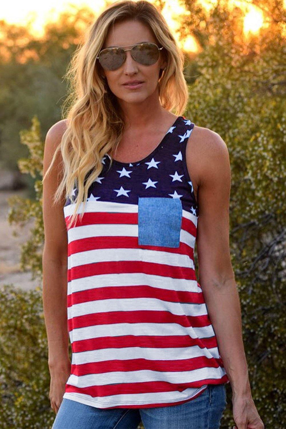 USA Flag Stars Stripes Print Tank with Patch Pocket - L & M Kee, LLC