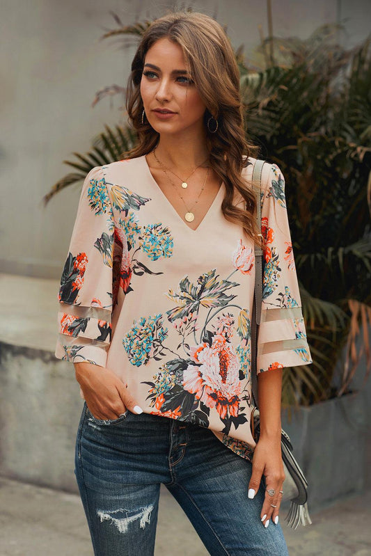 3/4 Flared Sleeve Floral Blouse - L & M Kee, LLC