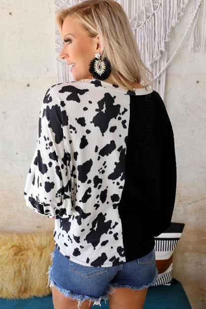 Cow Patchwork Waffle Knit Long Sleeve Top - L & M Kee, LLC