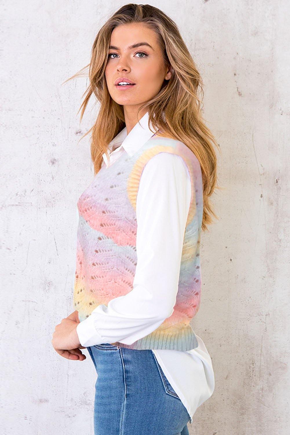 Multicolor V Neck Tie-dye Sweater Vest - L & M Kee, LLC