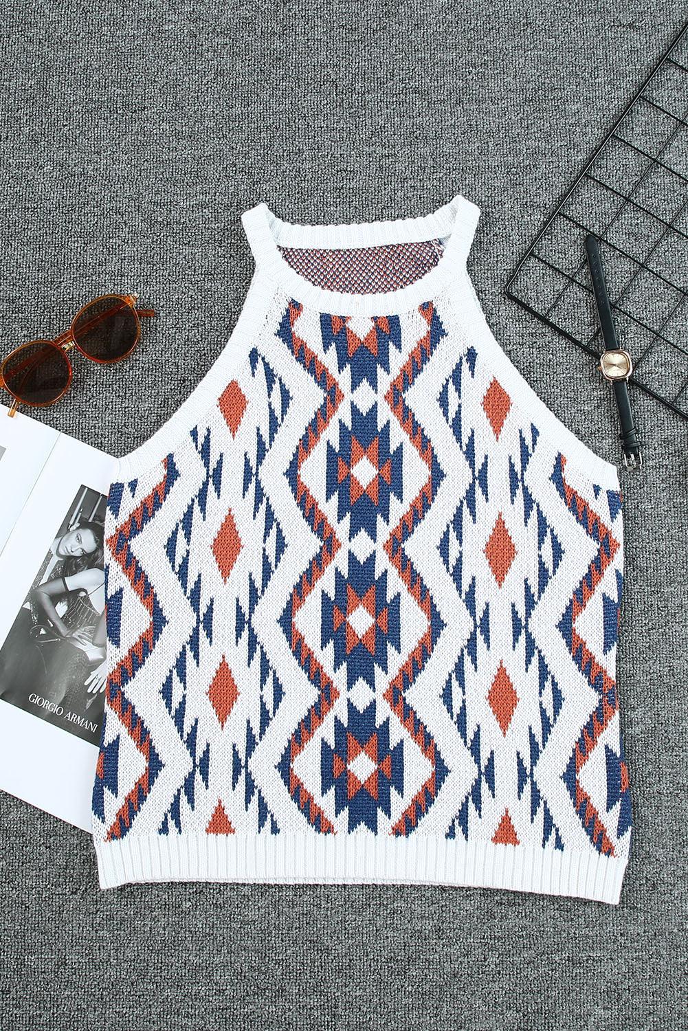 Aztec Geometric Print Knitted Tank Top - L & M Kee, LLC