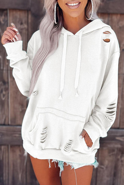 Solid Ripped Hooded Sweatshirt with Kangaroo Pocket - L & M Kee, LLC