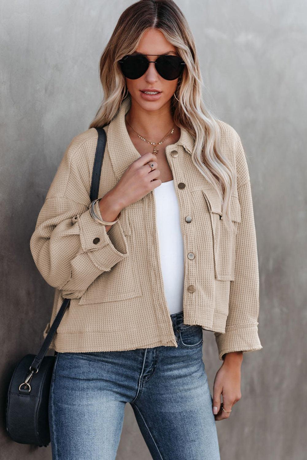 Waffle Knit Buttons Cropped Jacket with Pockets - L & M Kee, LLC