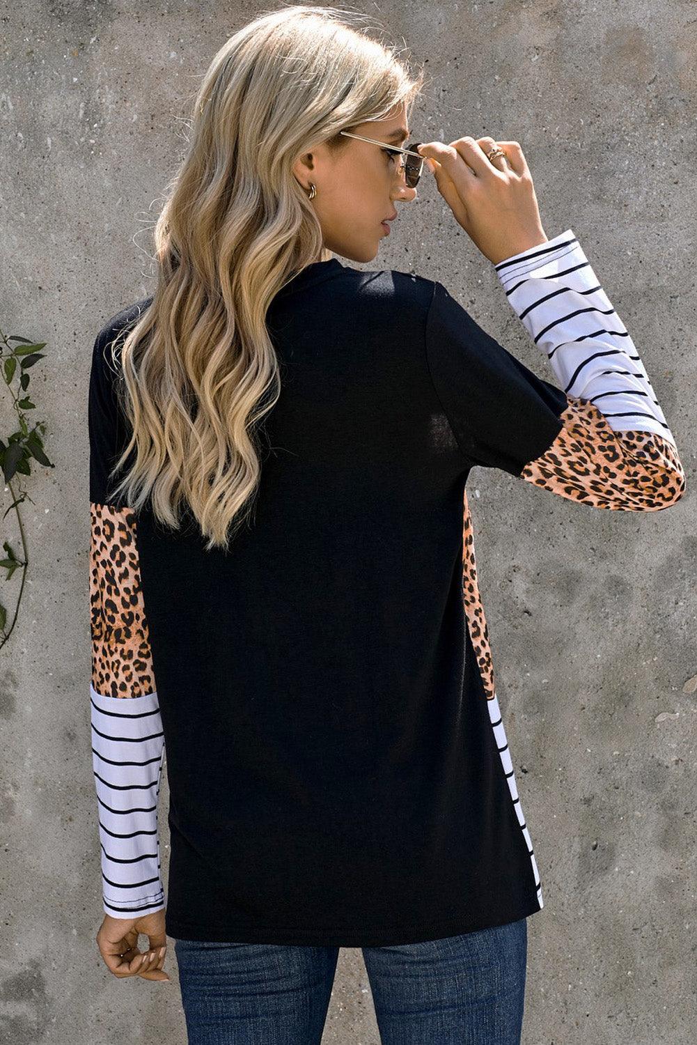 Leopard Striped Patchwork Long Sleeve Top with Pocket - L & M Kee, LLC