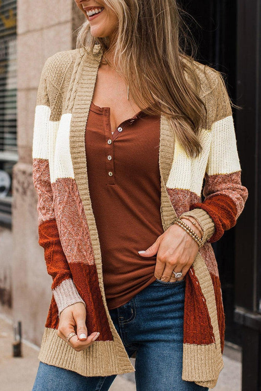 Khaki Color Block Long Sleeve Open Front Cardigan Sweater - L & M Kee, LLC