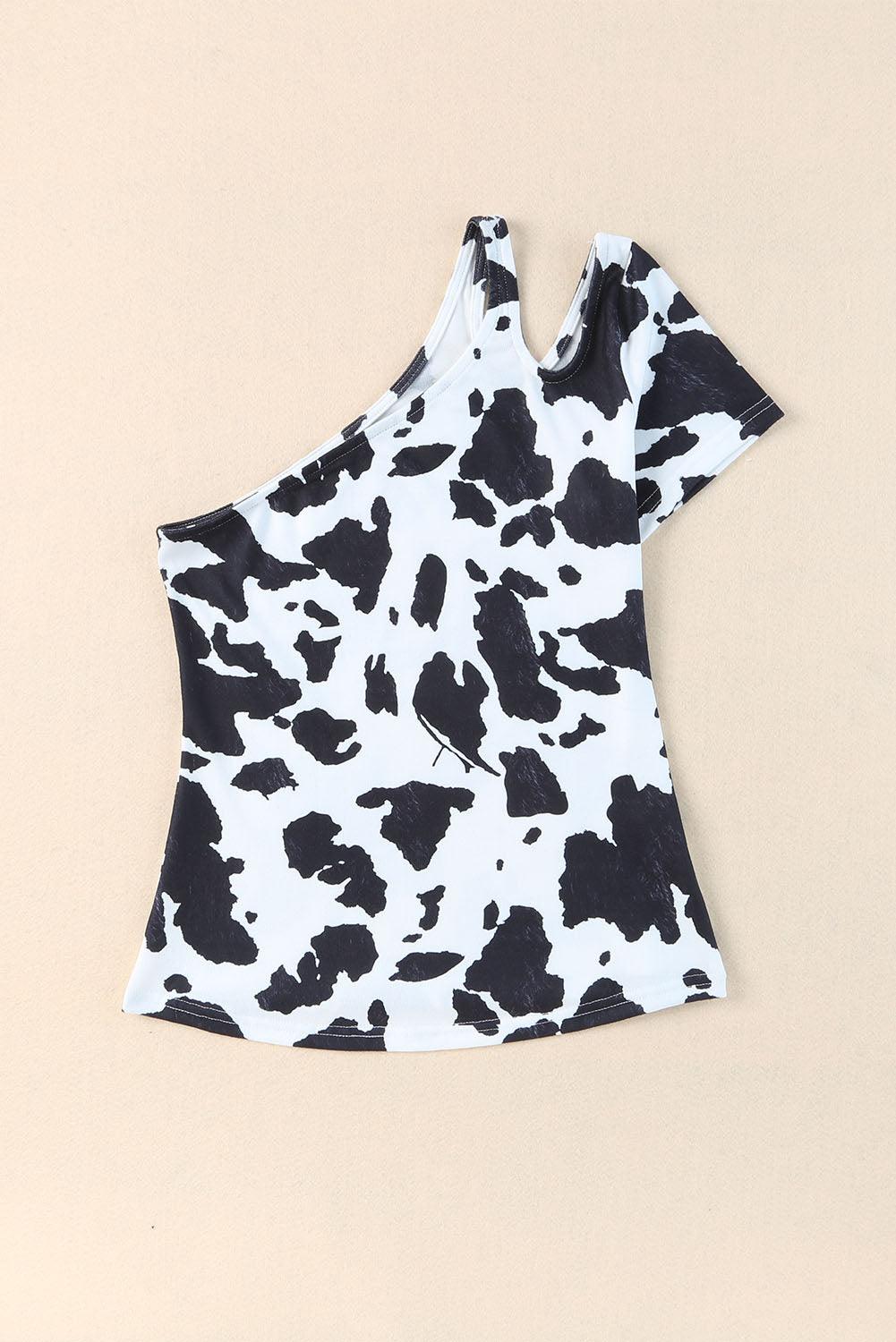 One Shoulder Cow Print Cut out Short Sleeve Top