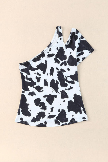 One Shoulder Cow Print Cut out Short Sleeve Top