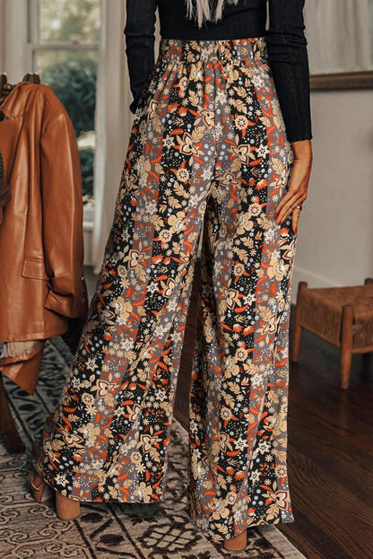 Floral Print High Waist Wide Leg Pants - L & M Kee, LLC