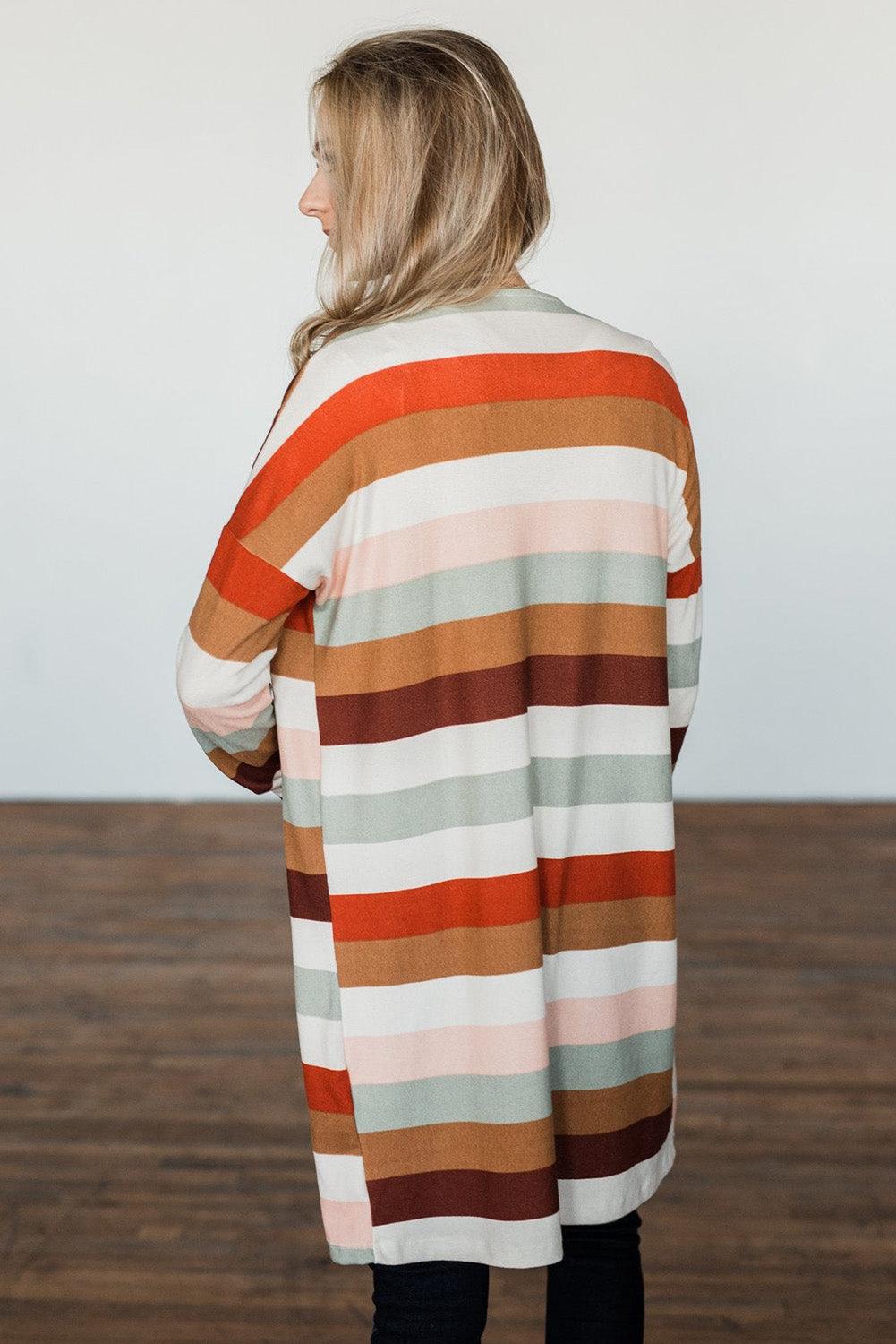 Multicolor Striped Print Pockets Open Front Cardigan - L & M Kee, LLC