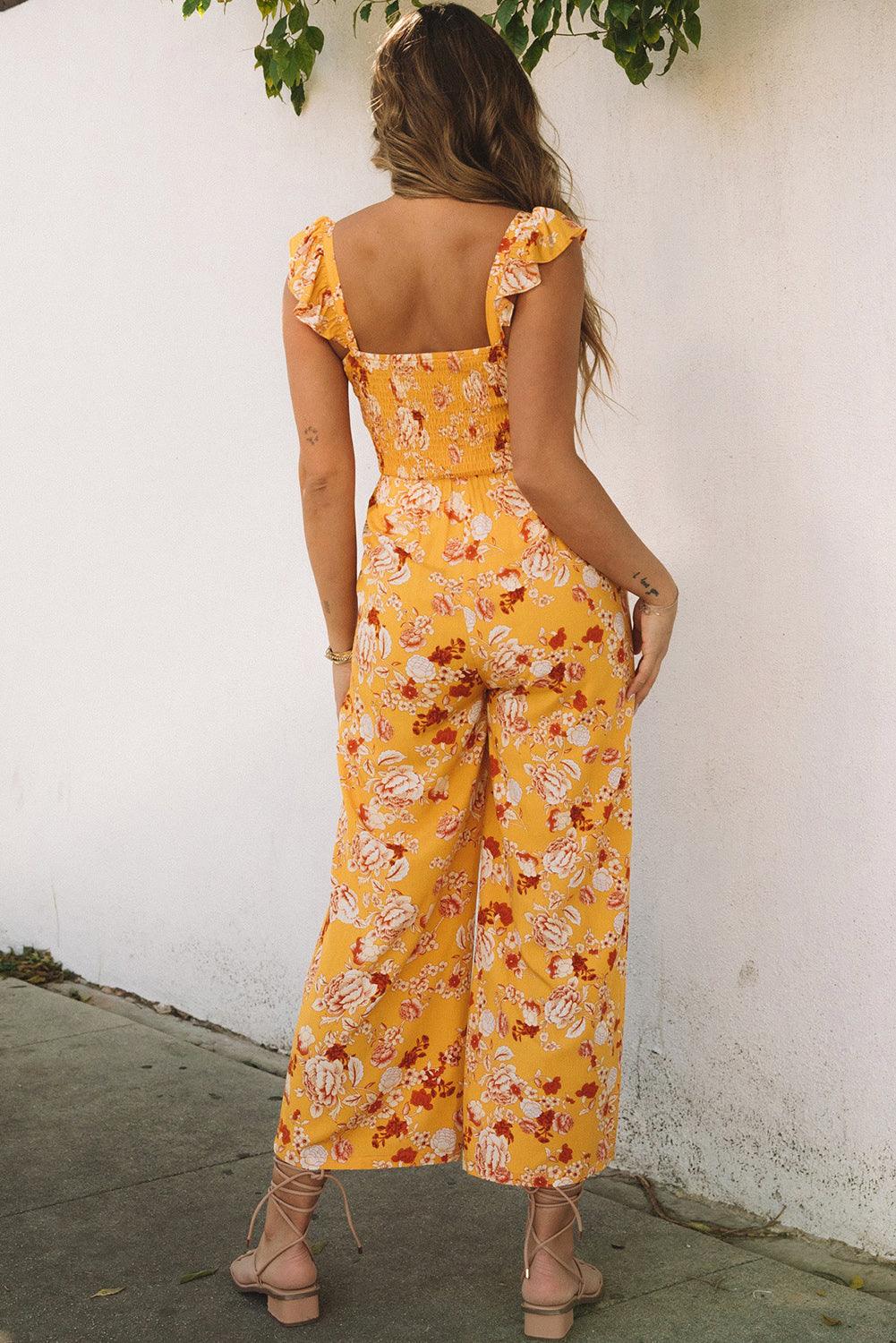 Floral Print Ruffle Shoulder Smocked Wide Leg Jumpsuit - L & M Kee, LLC