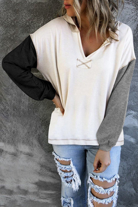 Colorblock V Neck Long Sleeve Hoodie - L & M Kee, LLC