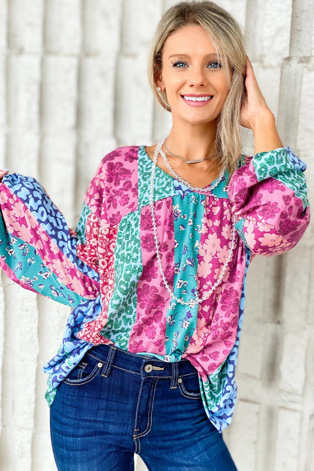 Multicolor Floral Leopard Mix Patchwork Loose Pullover - L & M Kee, LLC