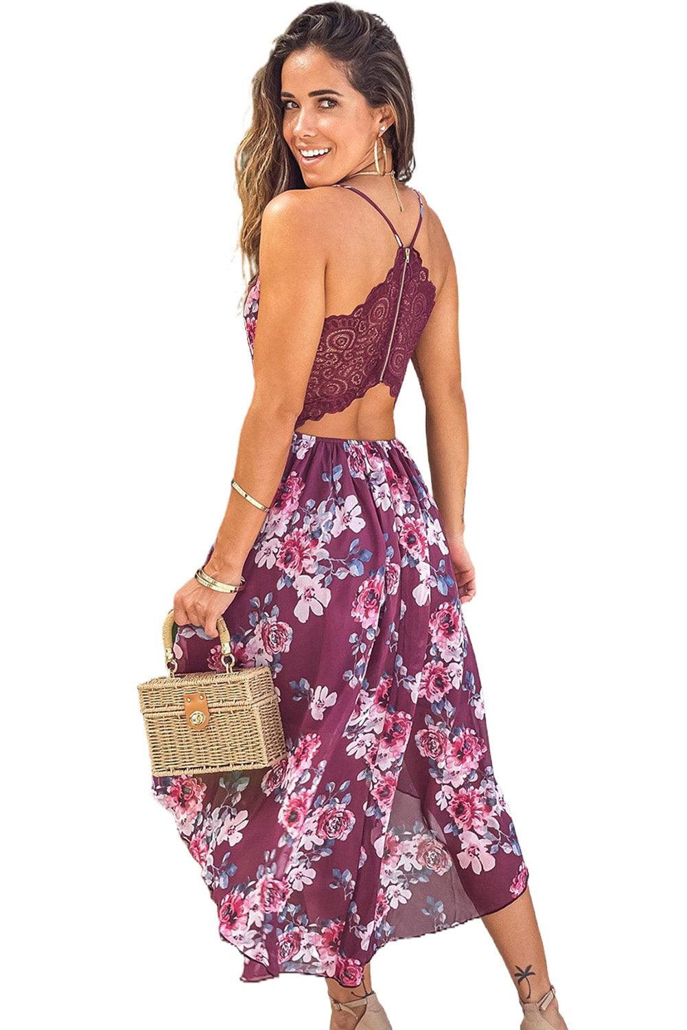 Burgundy Floral High-low Dress with Lace Back - L & M Kee, LLC