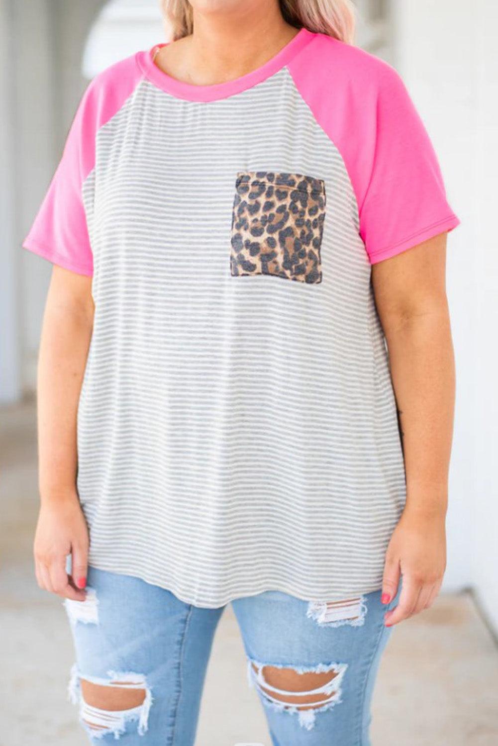 Stripe Leopard Patch Pocket Plus Size Raglan Sleeve Tee - L & M Kee, LLC