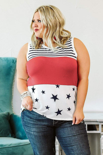 Patriotic Stripes Stars Print Sleeveless Plus Size Top - L & M Kee, LLC