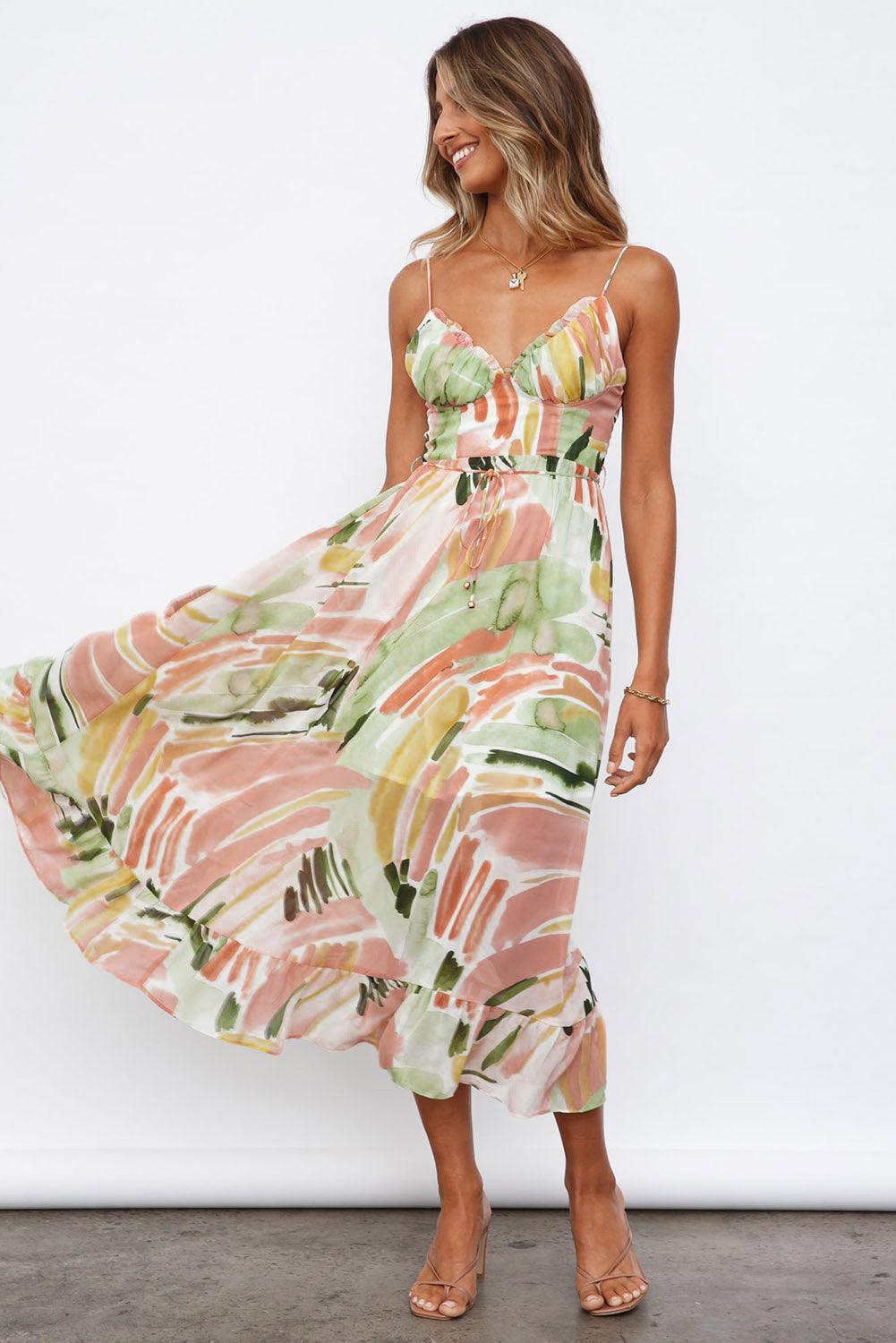 Multicolor Spaghetti Straps Graffti Print Long Dress - L & M Kee, LLC