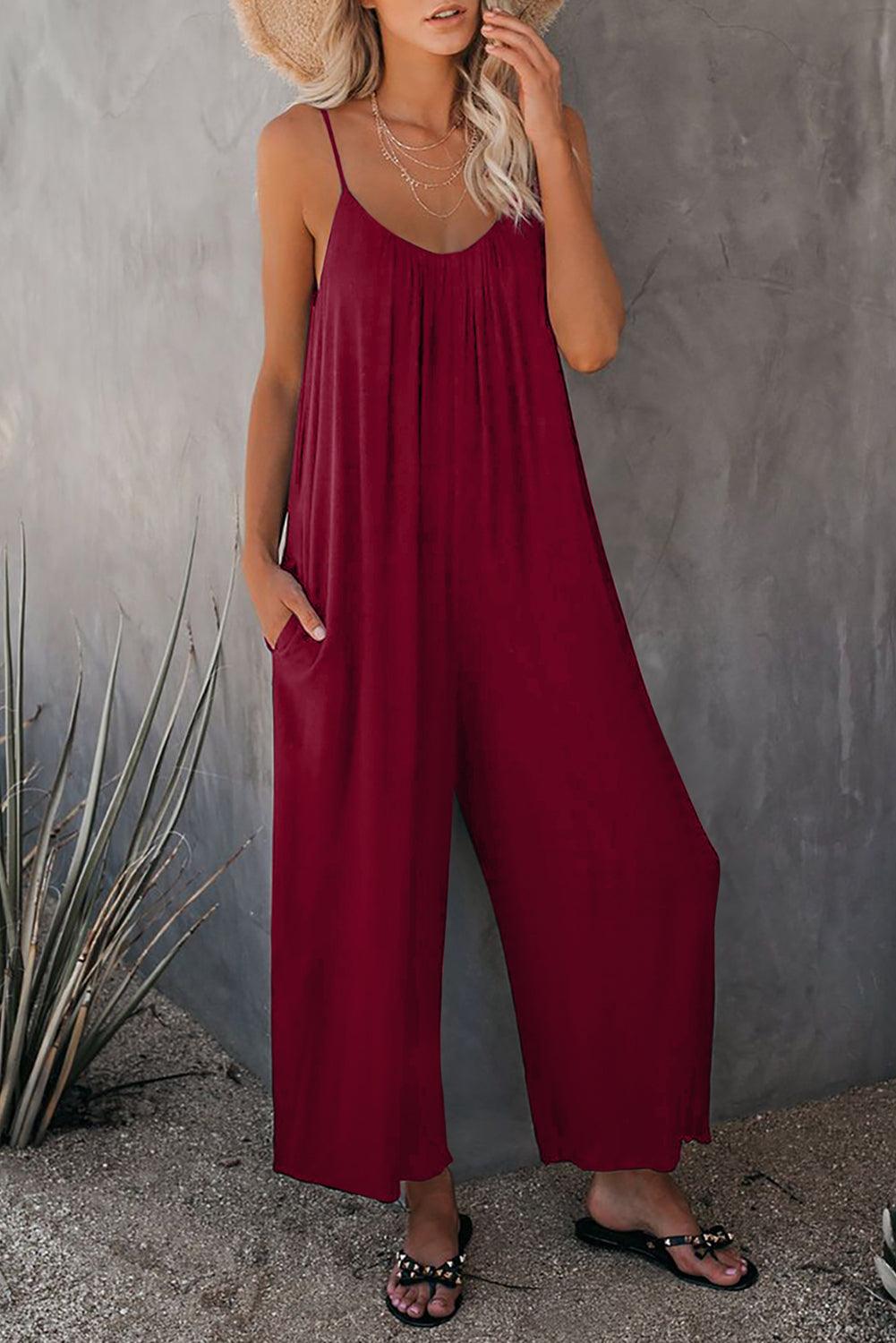 Spaghetti Straps Wide Leg Pocketed Jumpsuits - L & M Kee, LLC