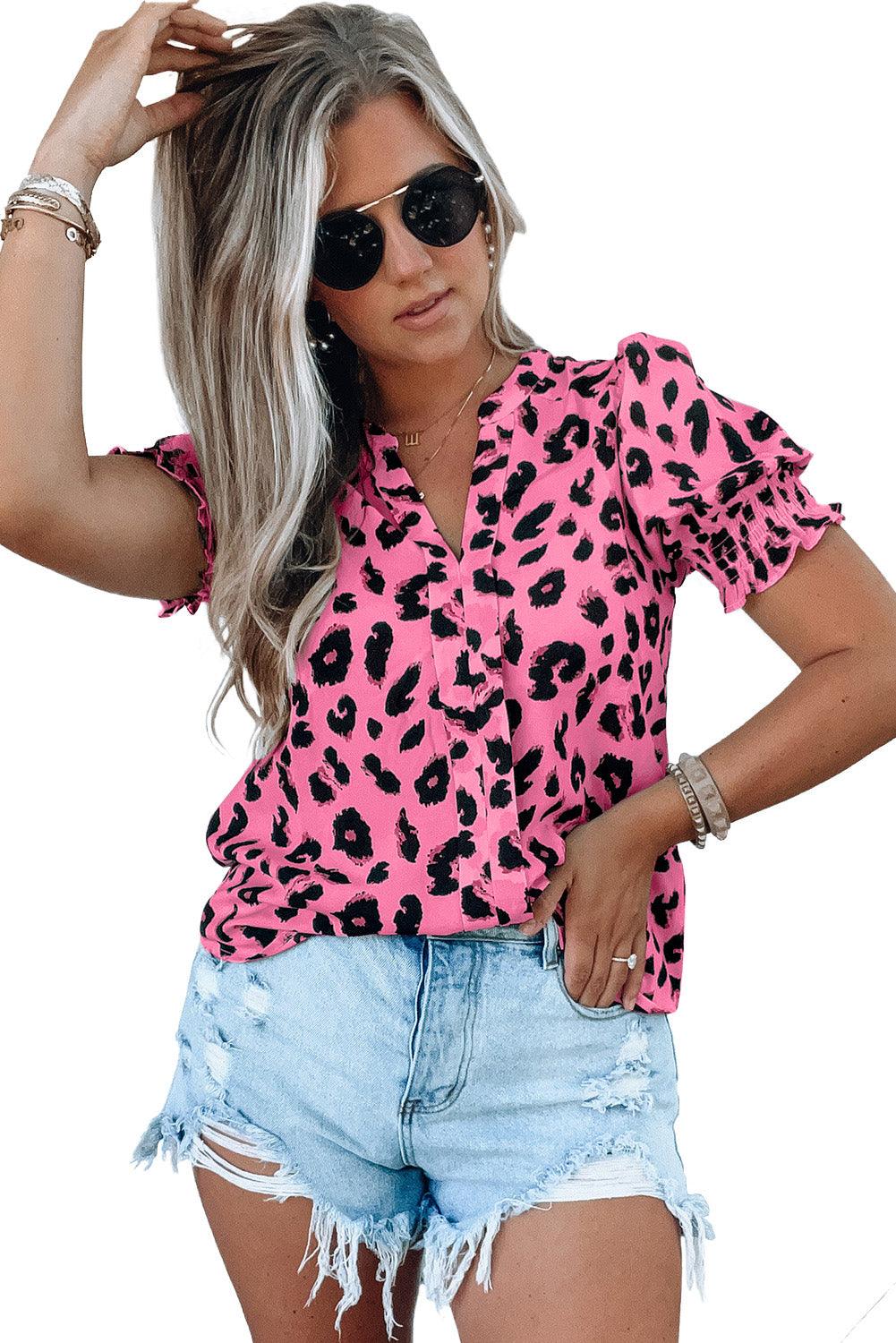 Leopard Notch Neck Bubble Sleeve Blouse - L & M Kee, LLC