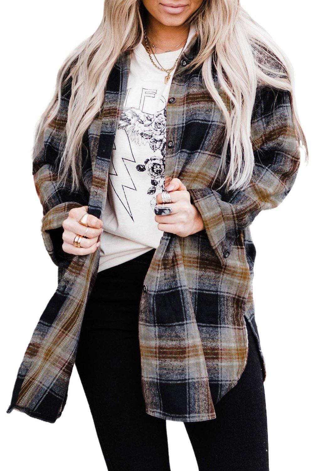 Oversize Rounded Hem Plaid Shirt with Slits - L & M Kee, LLC