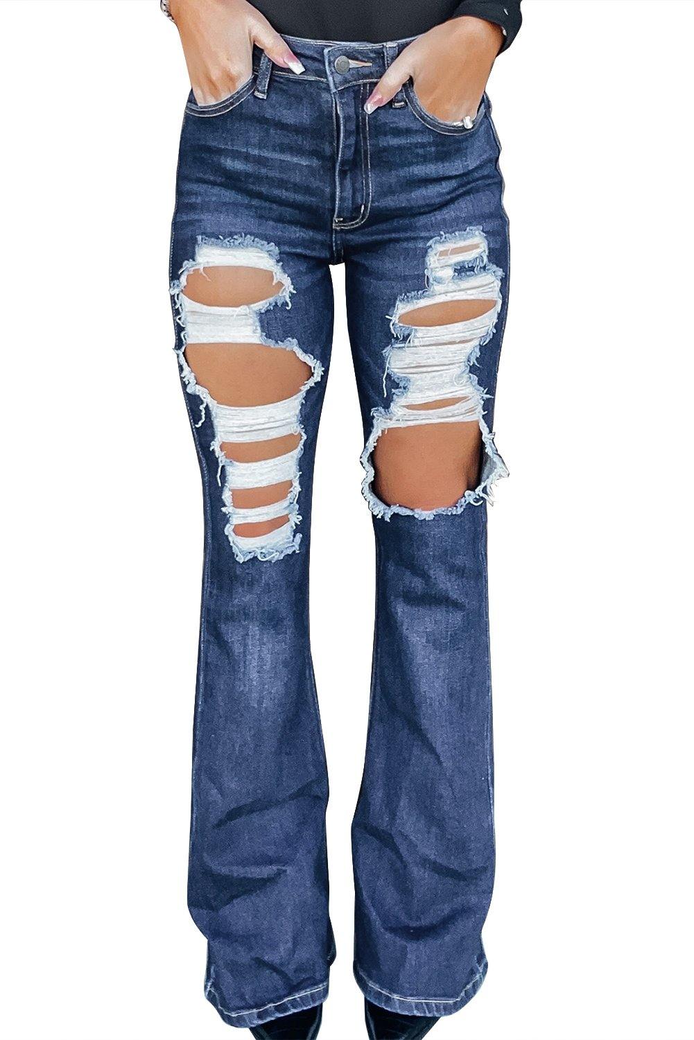 High Waist Distressed Bell Jeans - L & M Kee, LLC