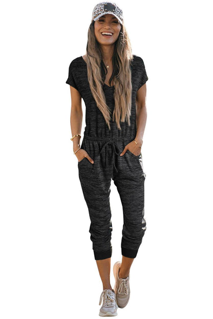 Heather Short Sleeve Drawstring High Waist Jumpsuit - L & M Kee, LLC