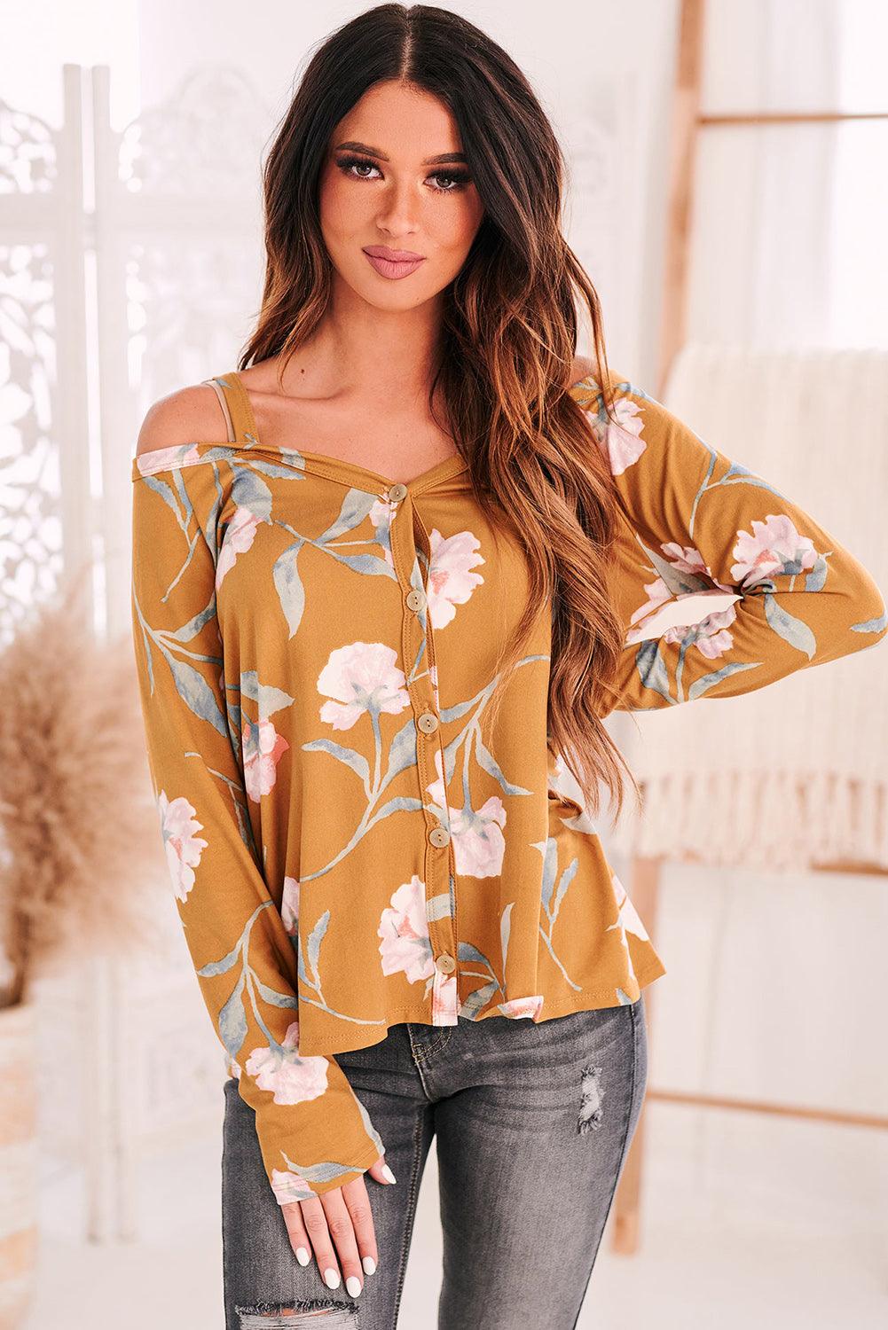 Cold Shoulder Long Sleeve Floral Top - L & M Kee, LLC