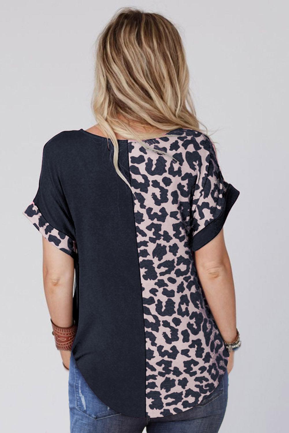 Half Leopard Patchwork Short Sleeves Top - L & M Kee, LLC