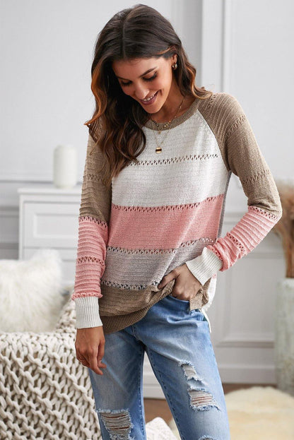 Multi-color Knitted Color Block Long Sleeve Crew Neck Sweater - L & M Kee, LLC