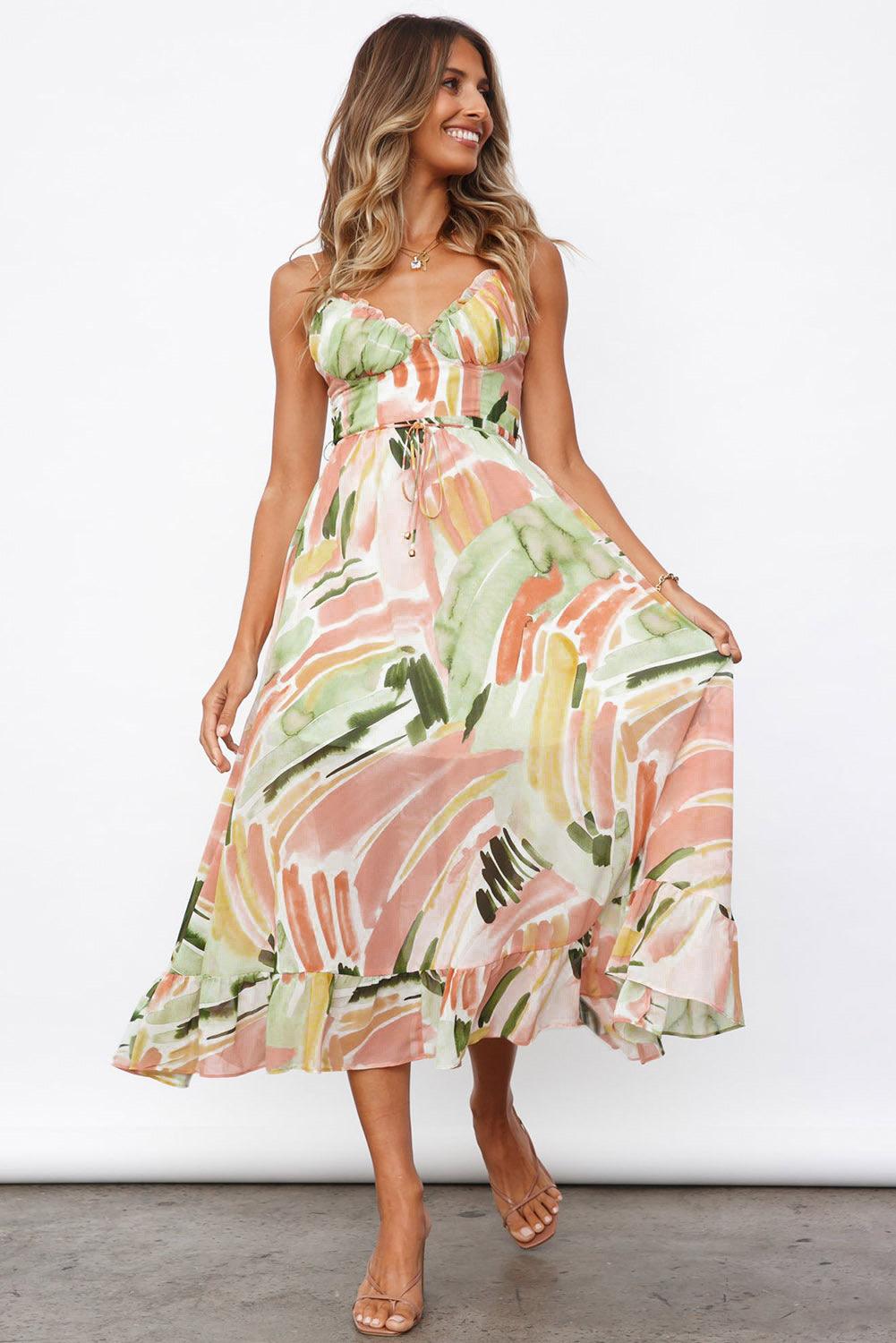 Multicolor Spaghetti Straps Graffti Print Long Dress - L & M Kee, LLC