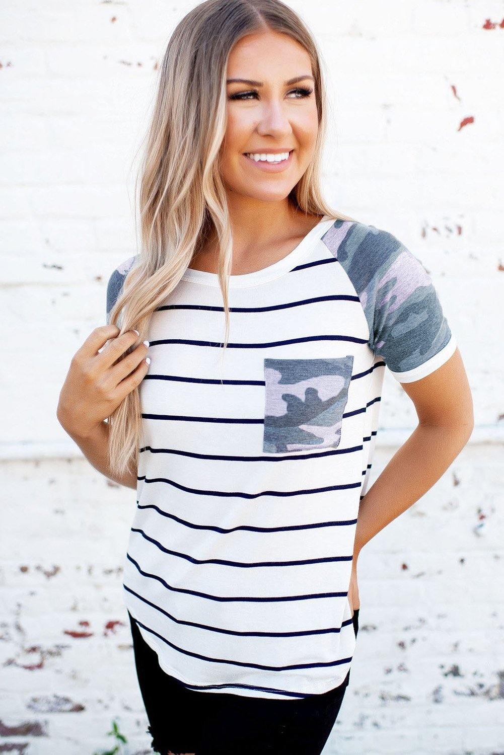 Striped Camo Pocketed Patch Tee - L & M Kee, LLC