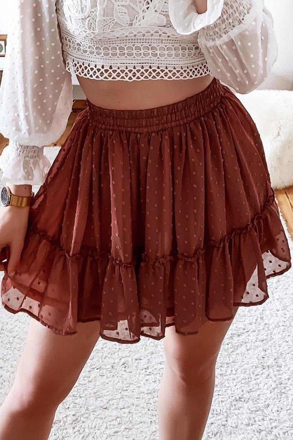 Khaki Dot Print Elastic Waist Chiffon Mini Skirt - L & M Kee, LLC