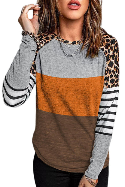 Leopard Striped Color Block Long Sleeve Blouse - L & M Kee, LLC